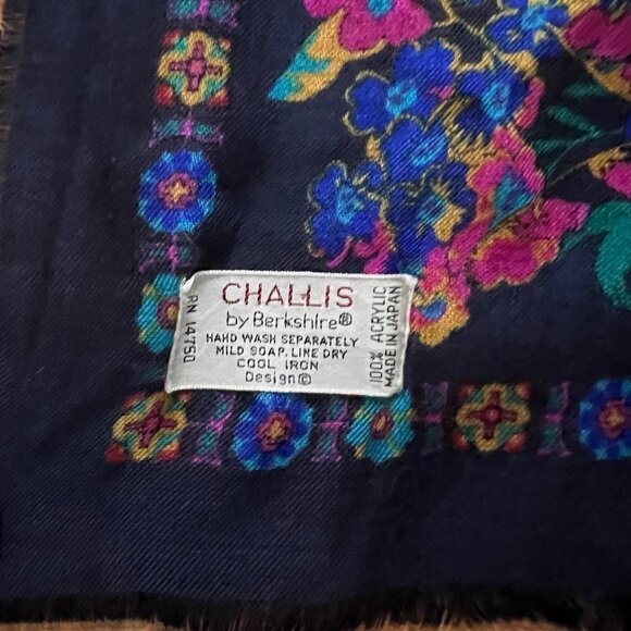 Vintage Scarf Challis by Berkshire Blue Fuchsia Floral Acrylic Made in Japan - Picture 6 of 6